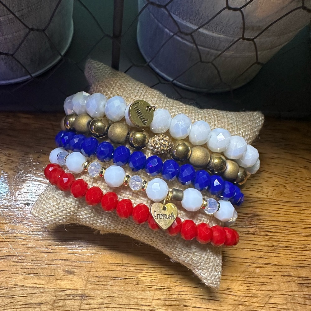 Erimish Red, Blue, White, and Gold Bracelet Set New Stretch Bracelet Set of 5